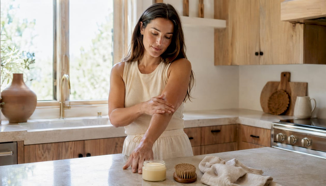 Woman applying tallow balm on forearm