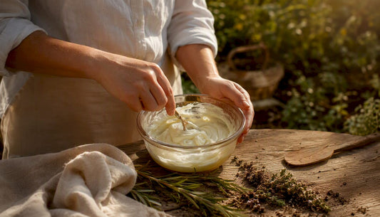 Hands whipping creamy beef tallow balm