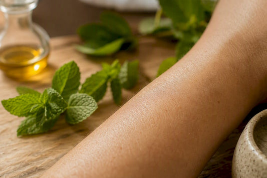 Close-up of hydrated skin texture with botanicals