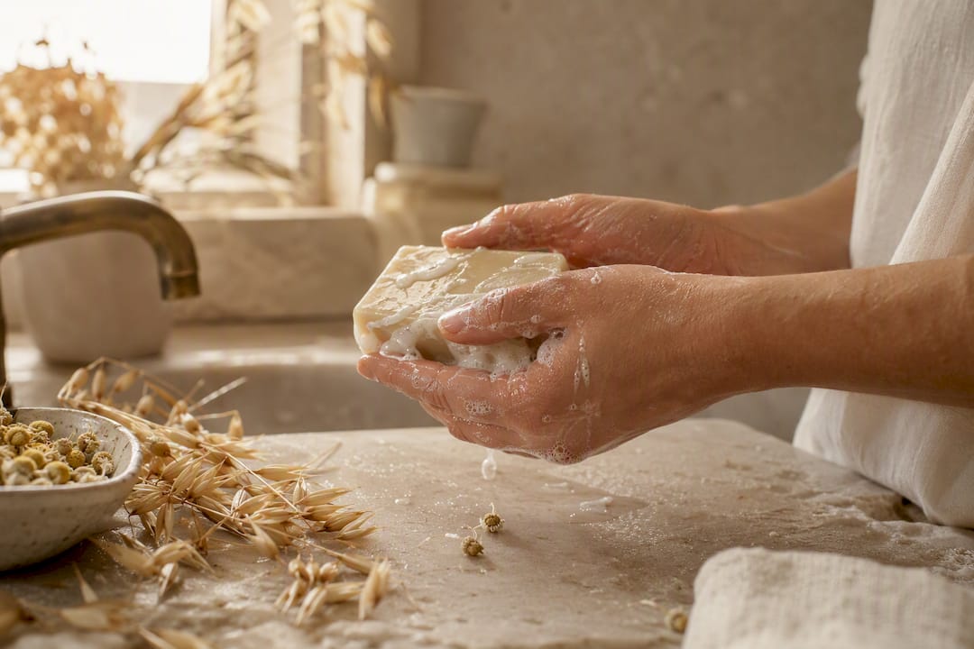 Hands lathering gentle soap with botanicals