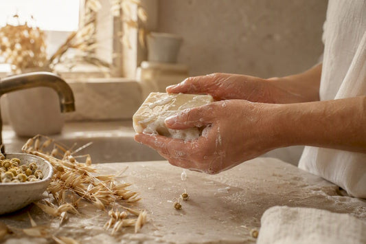 Hands lathering gentle soap with botanicals