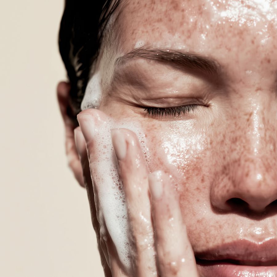 Close up of a woman holding her hand on her face with a foamy cleanser coming through her fingers