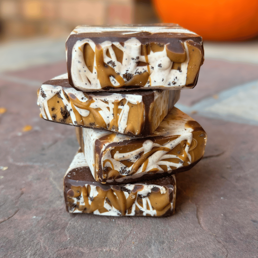 Handmade coffee candy tallow soap with rich chocolate and vanilla-colored layers