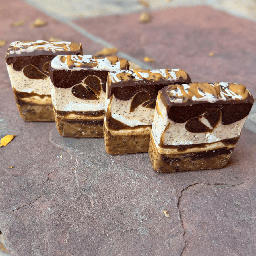 Limited-edition Coffee Candy tallow soap with chocolate-inspired swirls and layered design