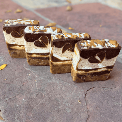 Limited-edition Coffee Candy tallow soap with chocolate-inspired swirls and layered design