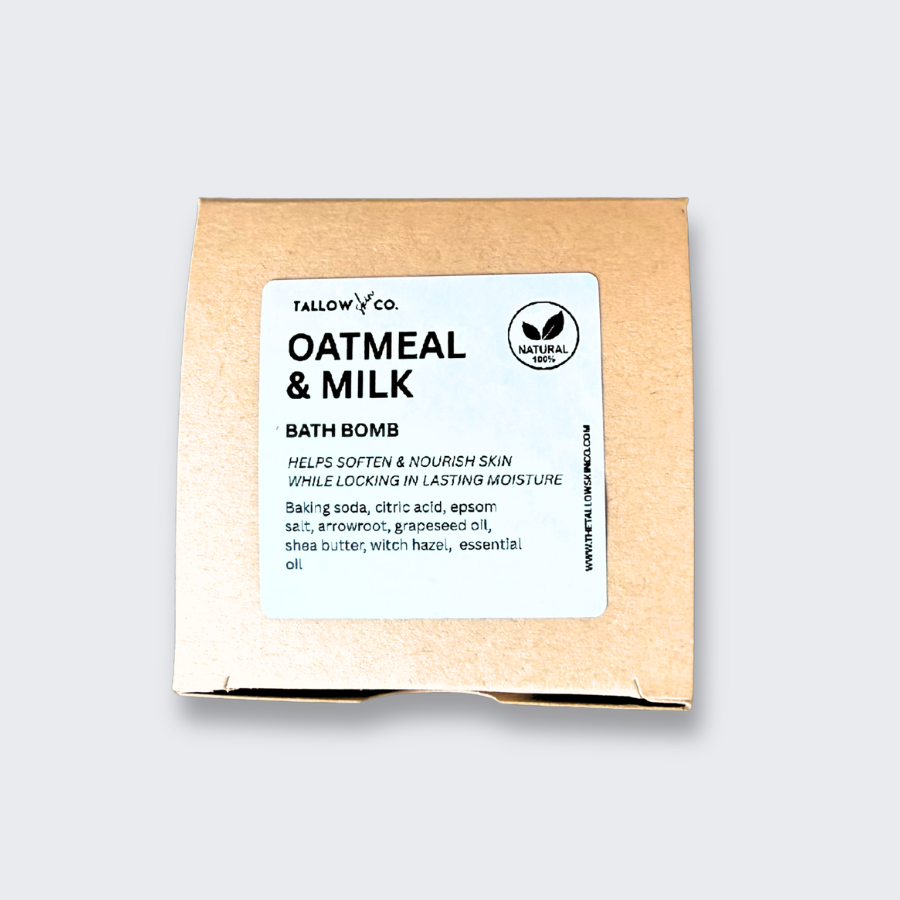 Tallow Skin Co. Oatmeal & Milk Bath Bomb kraft packaging with product information and ingredients label.