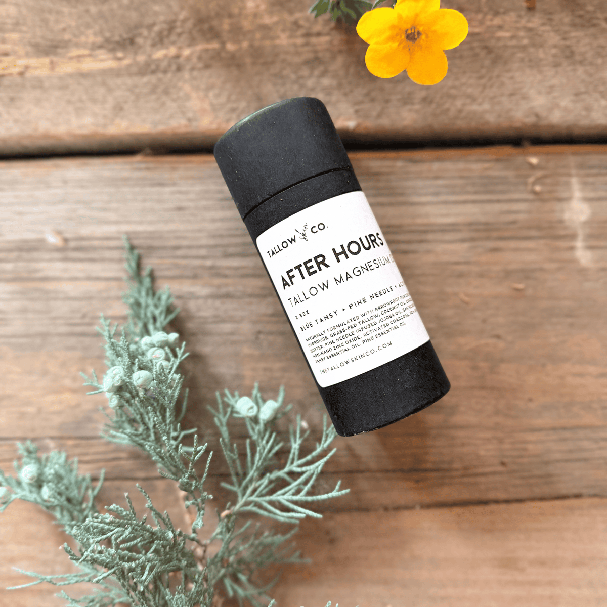 After Hours Tallow Magnesium Deodorant in a black paperboard tube, styled with yellow flowers and evergreen botanicals on rustic wood.