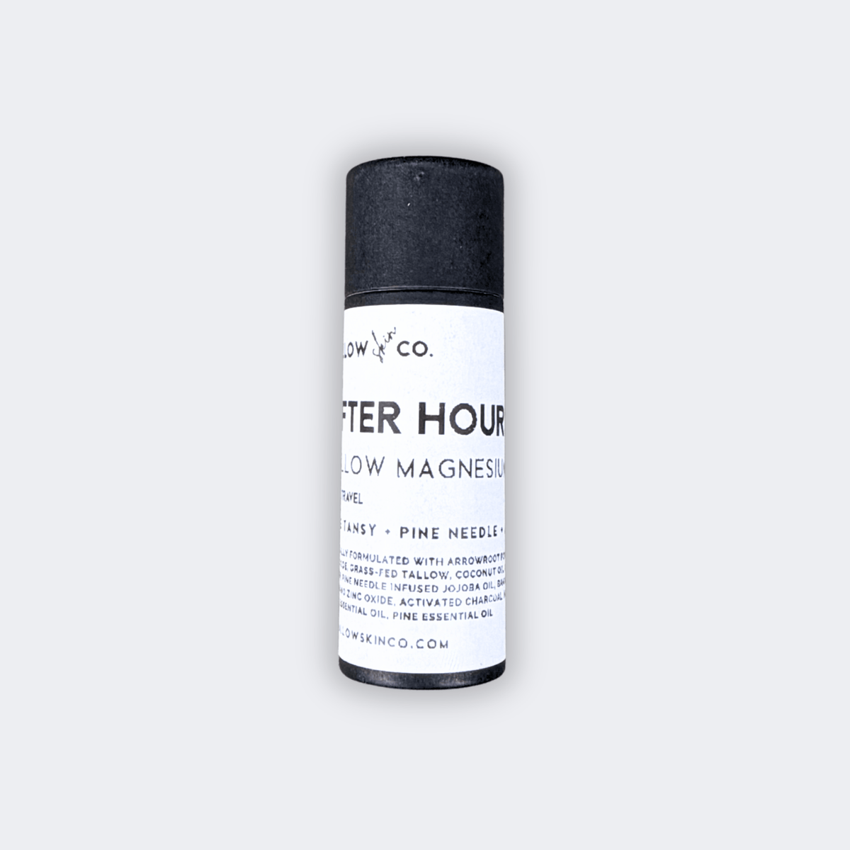 Travel-size After Hours Tallow Magnesium Deodorant in a small black paperboard tube with white product label against a light gray background.