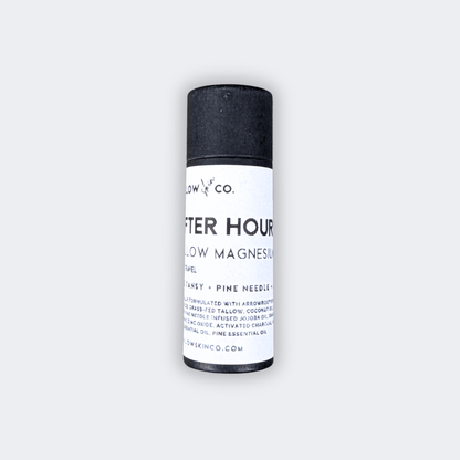 Travel-size After Hours Tallow Magnesium Deodorant in a small black paperboard tube with white product label against a light gray background.