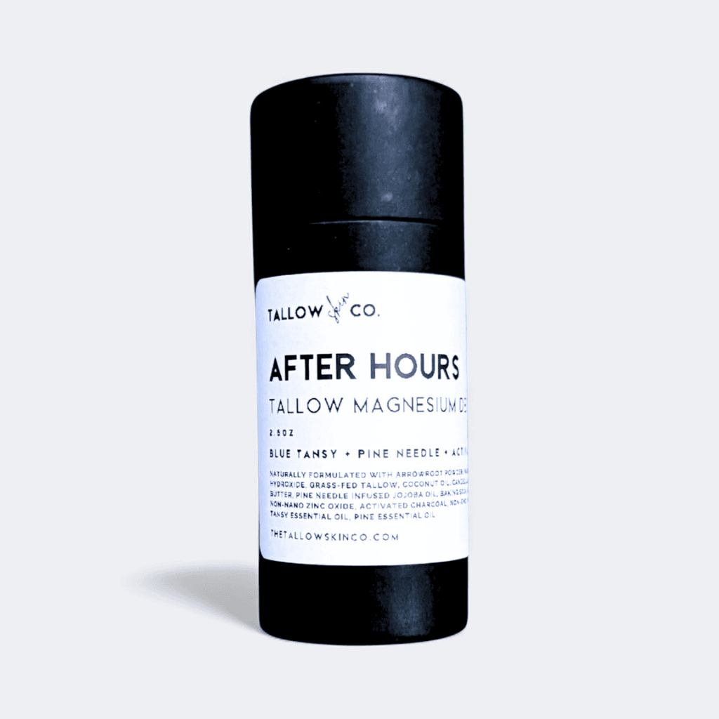 After Hours aluminum-free tallow deodorant tube with long-lasting odor protection and blue tansy + pine scent