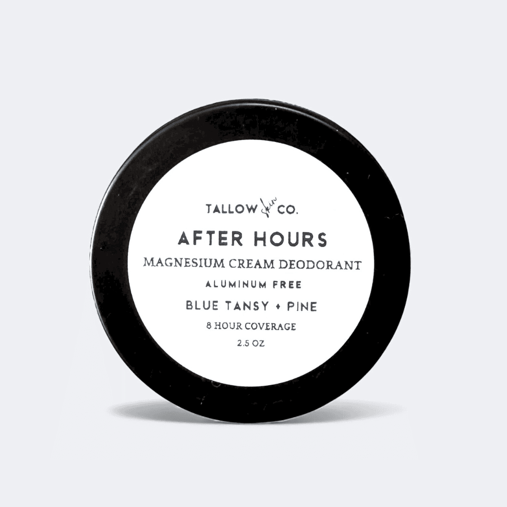 After Hours natural cream magnesium grass-fed tallow deodorant balm in reusable black tin with blue tansy and mountain pine aroma.