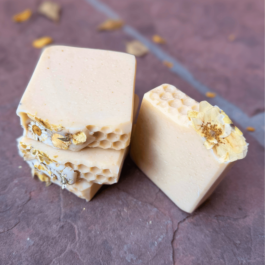Handcrafted tallow soap bars showing smooth surfaces and decorative botanical honeycomb edges