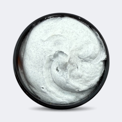 Creamy texture of foaming tallow bath butter and scrub with poppy seeds