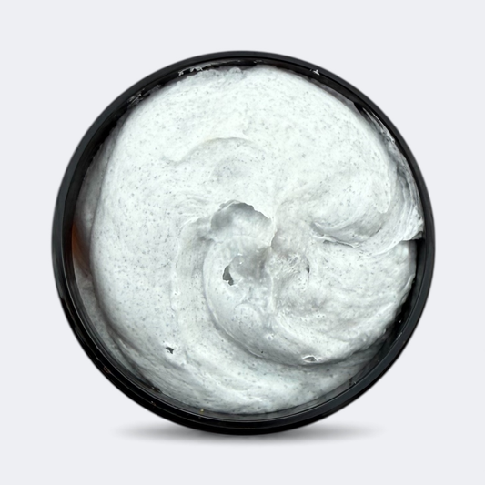 Creamy texture of foaming tallow bath butter and scrub with poppy seeds
