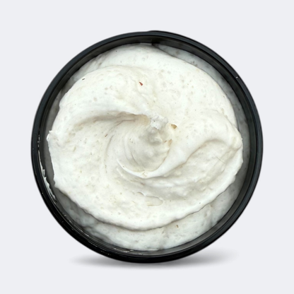 Texture of dense foaming tallow bath butter with organic poppy seeds