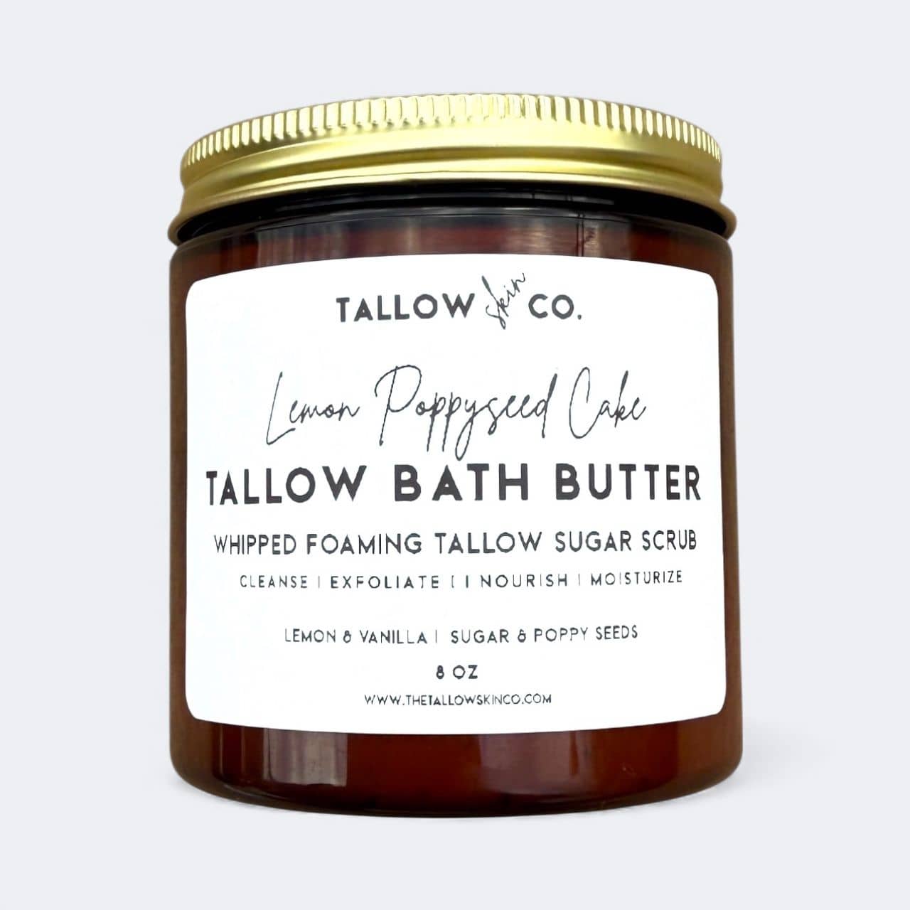 Creamy foaming tallow bath butter texture with organic poppy seeds