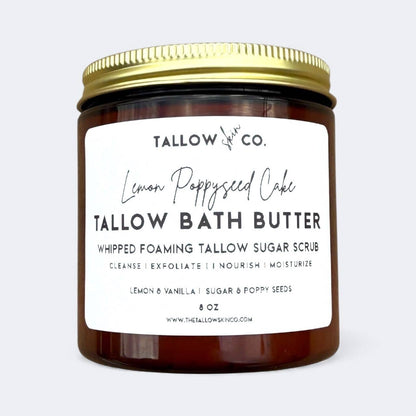 Creamy foaming tallow bath butter texture with organic poppy seeds