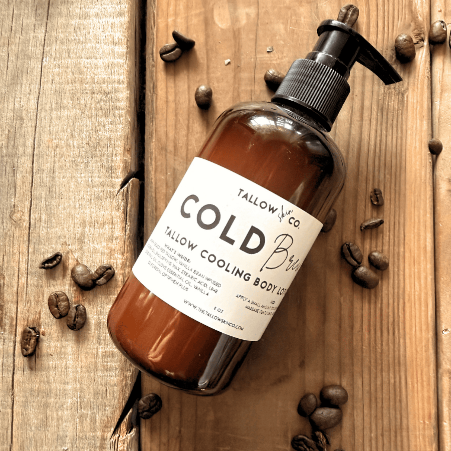 Cold Brew Cooling Tallow Lotion bottle with coffee bean accents
