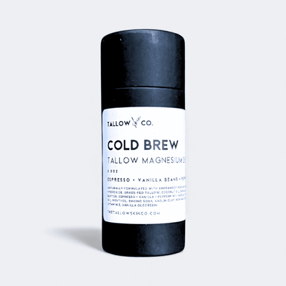 Full-size Cold Brew Cooling Tallow Magnesium Deodorant in a black paperboard tube with white product label against a light gray studio background.