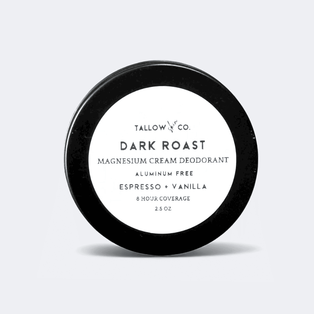 Dark Roast natural tallow deodorant balm in a reusable tin, infused with coffee and Madagascar vanilla for long-lasting odor protection.