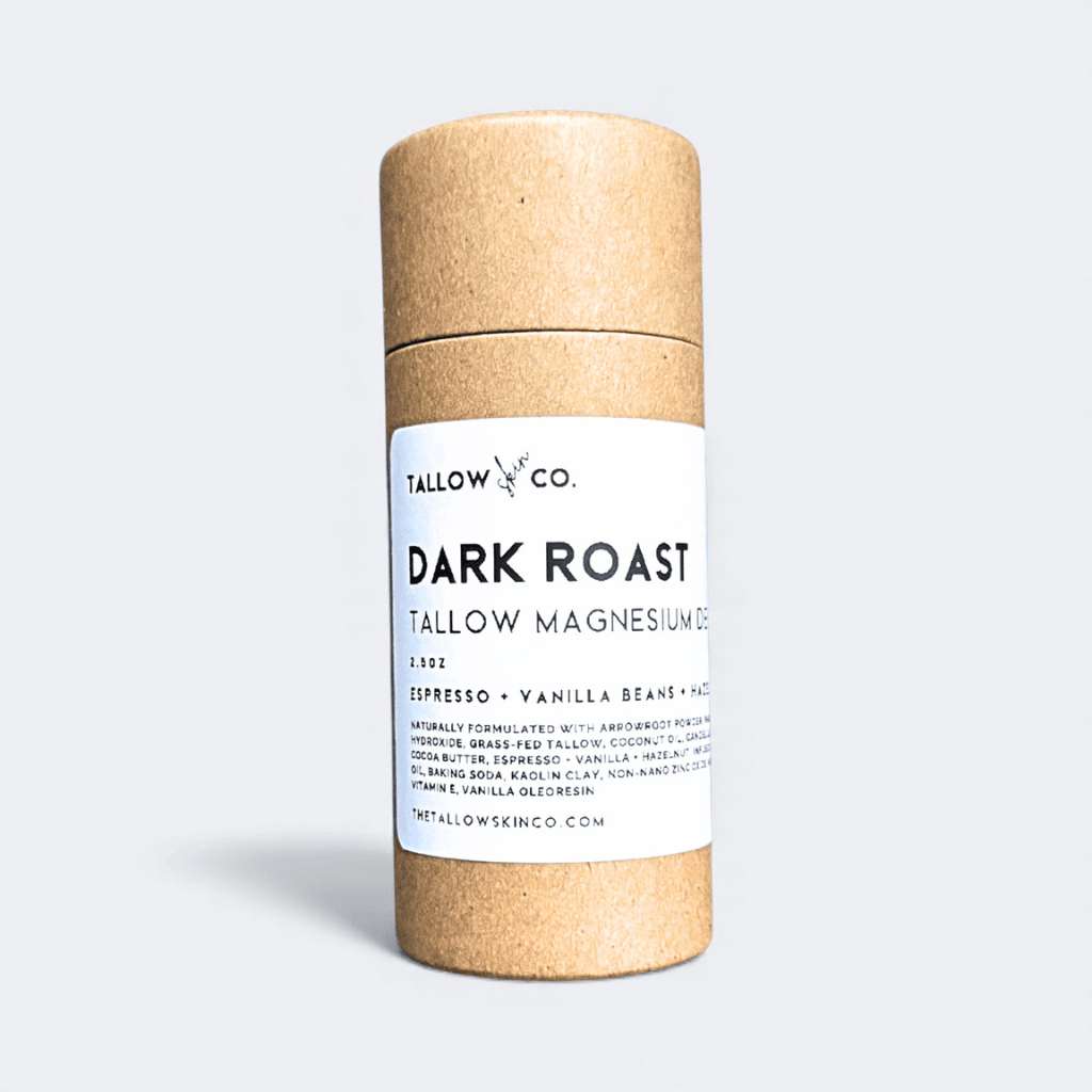 Dark Roast natural tallow deodorant in a compostable tube, infused with coffee and Madagascar vanilla for long-lasting odor protection.