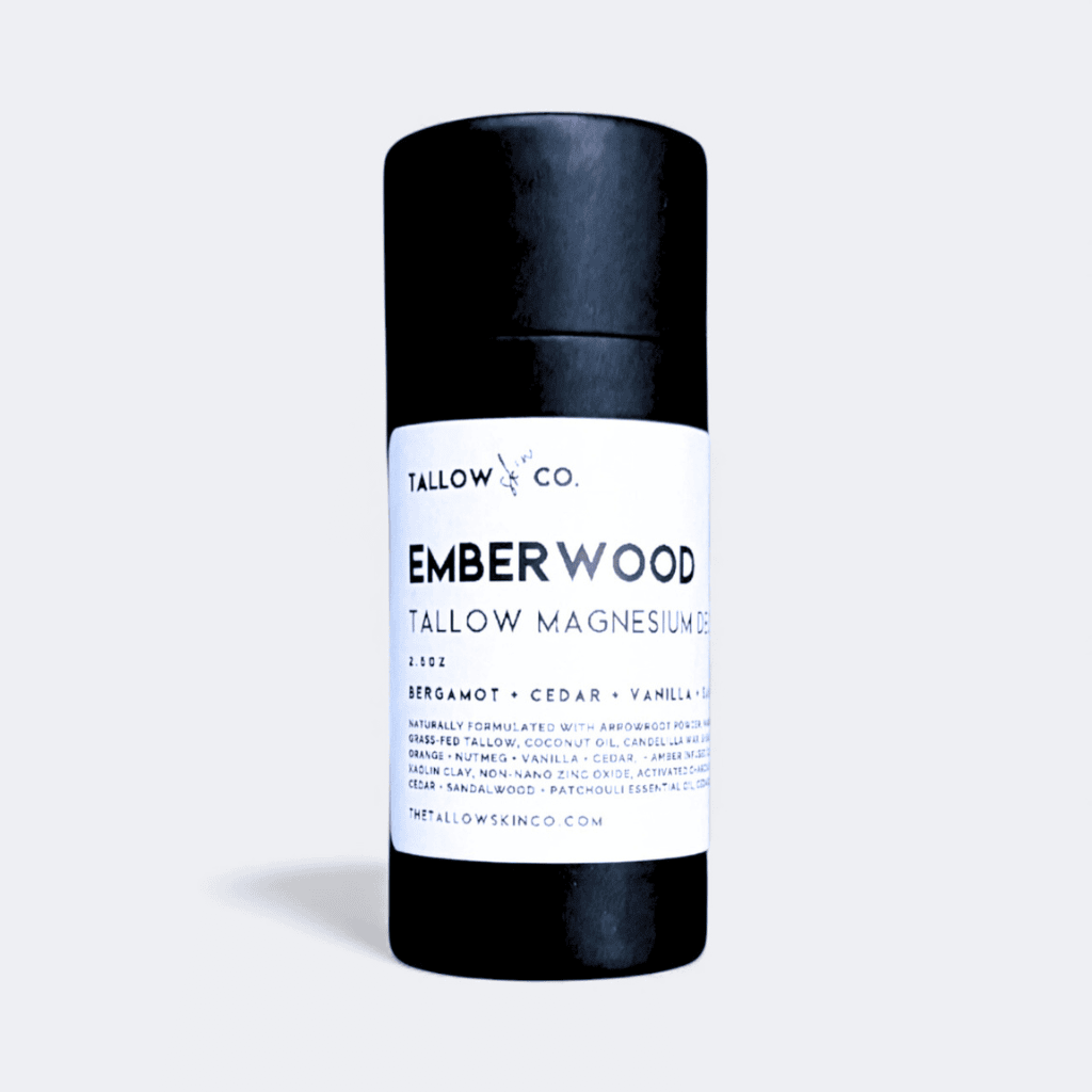 Tallow Skin Co. Ember Wood magnesium natural deodorant tube on a light gray background.