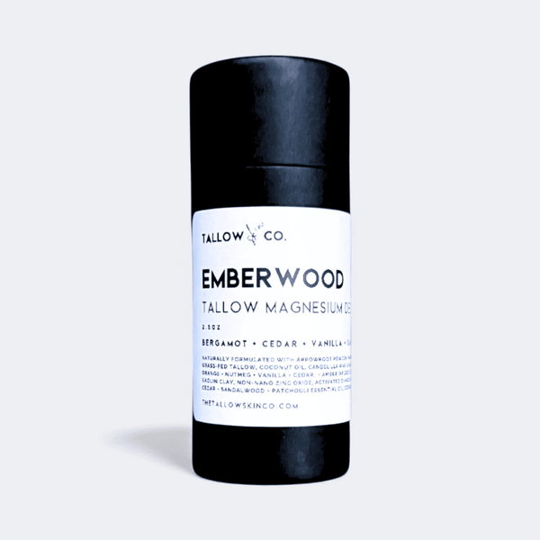 Tallow Skin Co. Ember Wood magnesium natural deodorant tube on a light gray background.