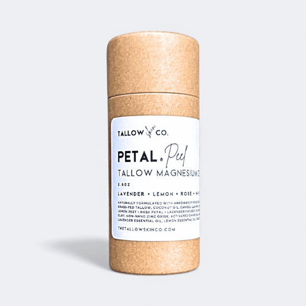 Petal & Peel aluminum-free tallow deodorant in compostable tube, bright floral-citrus blend of lemon, lavender + rose.