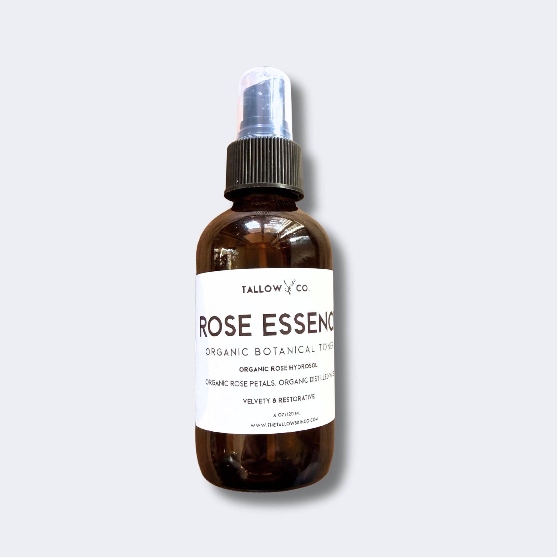 Rose Essence organic rose water toner in glass bottle made with pure rose hydrosol for gentle hydration and sensitive skin care