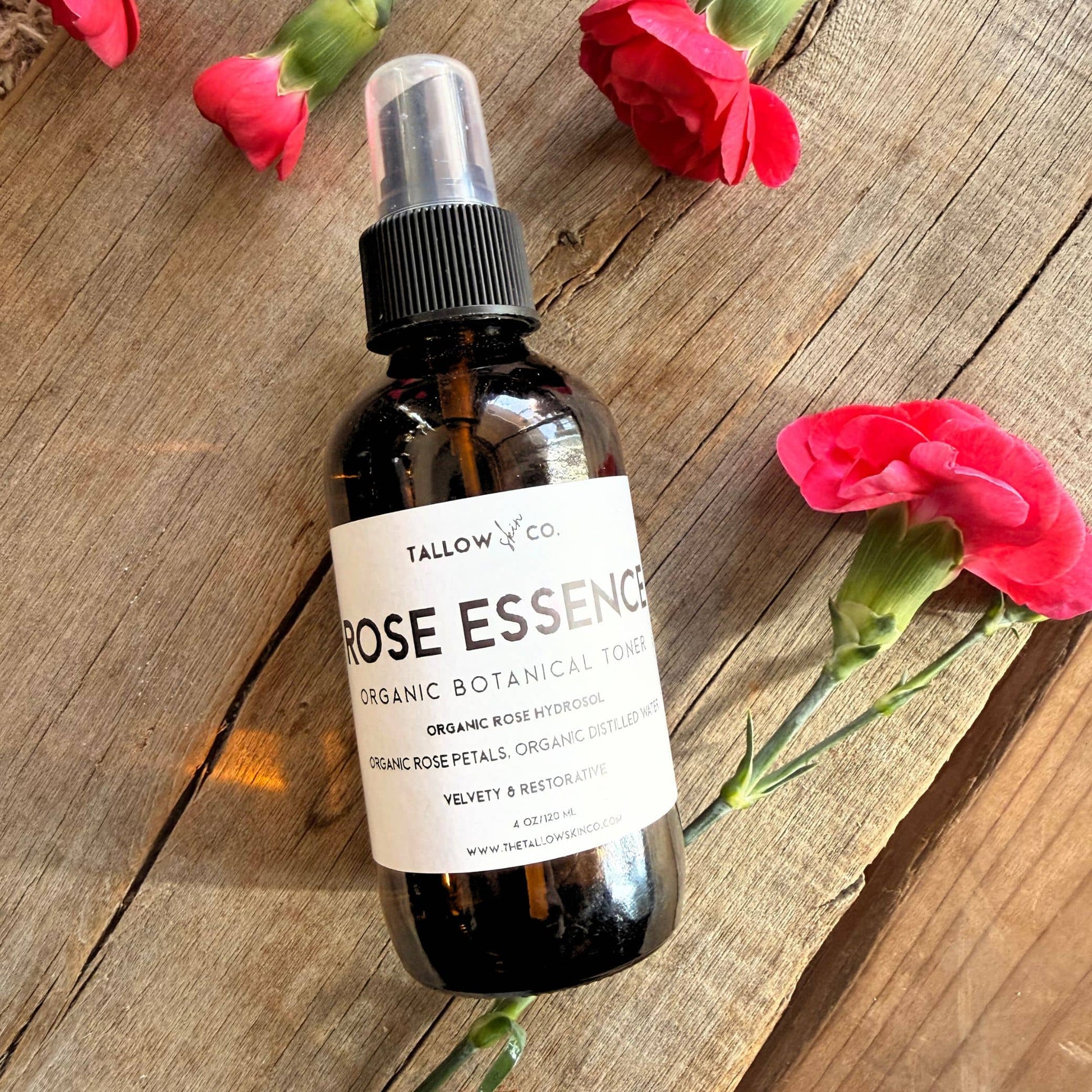 Alcohol-free rose hydrosol toner mist being applied to face for soothing hydration and balanced complexion