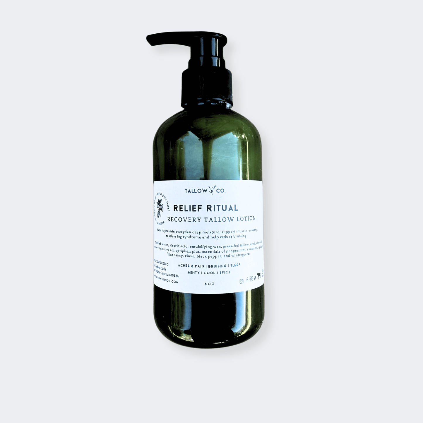 Relief Ritual Tallow Lotion bottle with cooling herbal ingredients