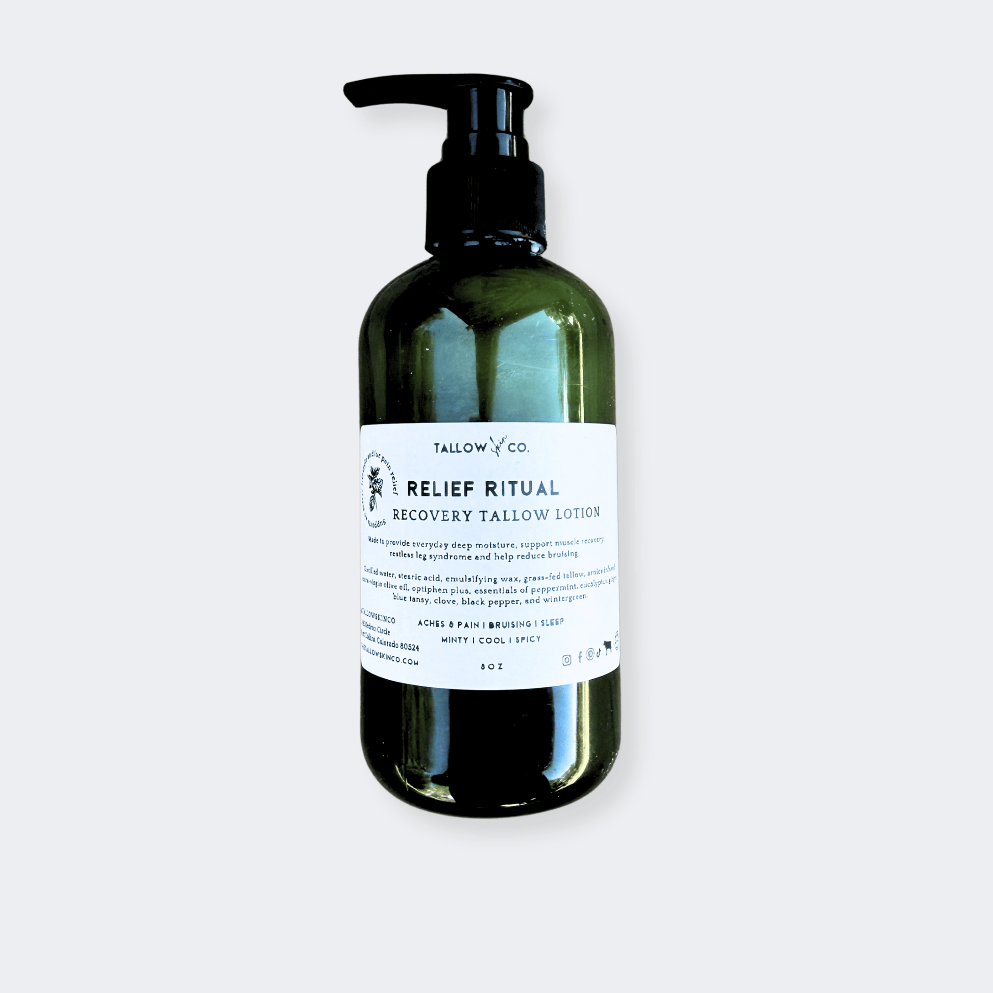 Relief Ritual Tallow Lotion bottle with cooling herbal ingredients