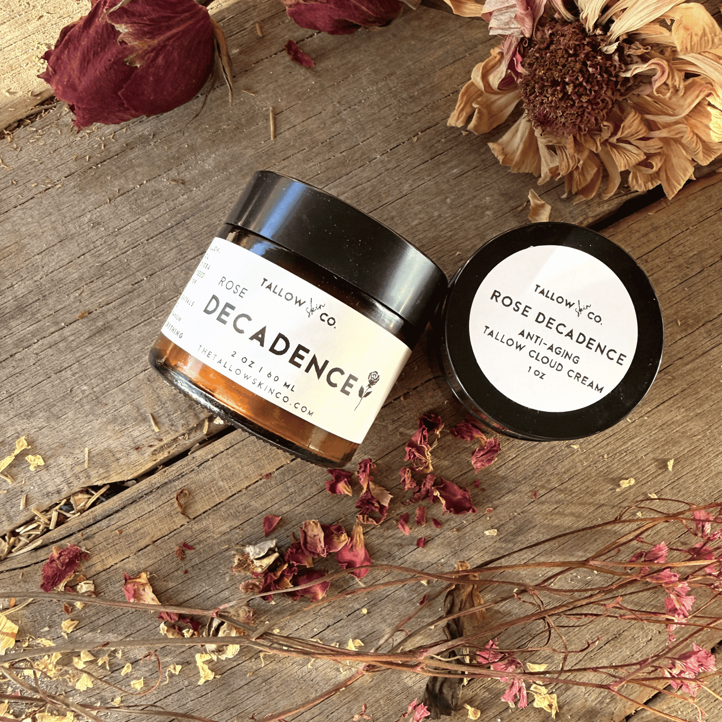 Ingredient highlight showcasing grass-fed tallow and rare rose extracts