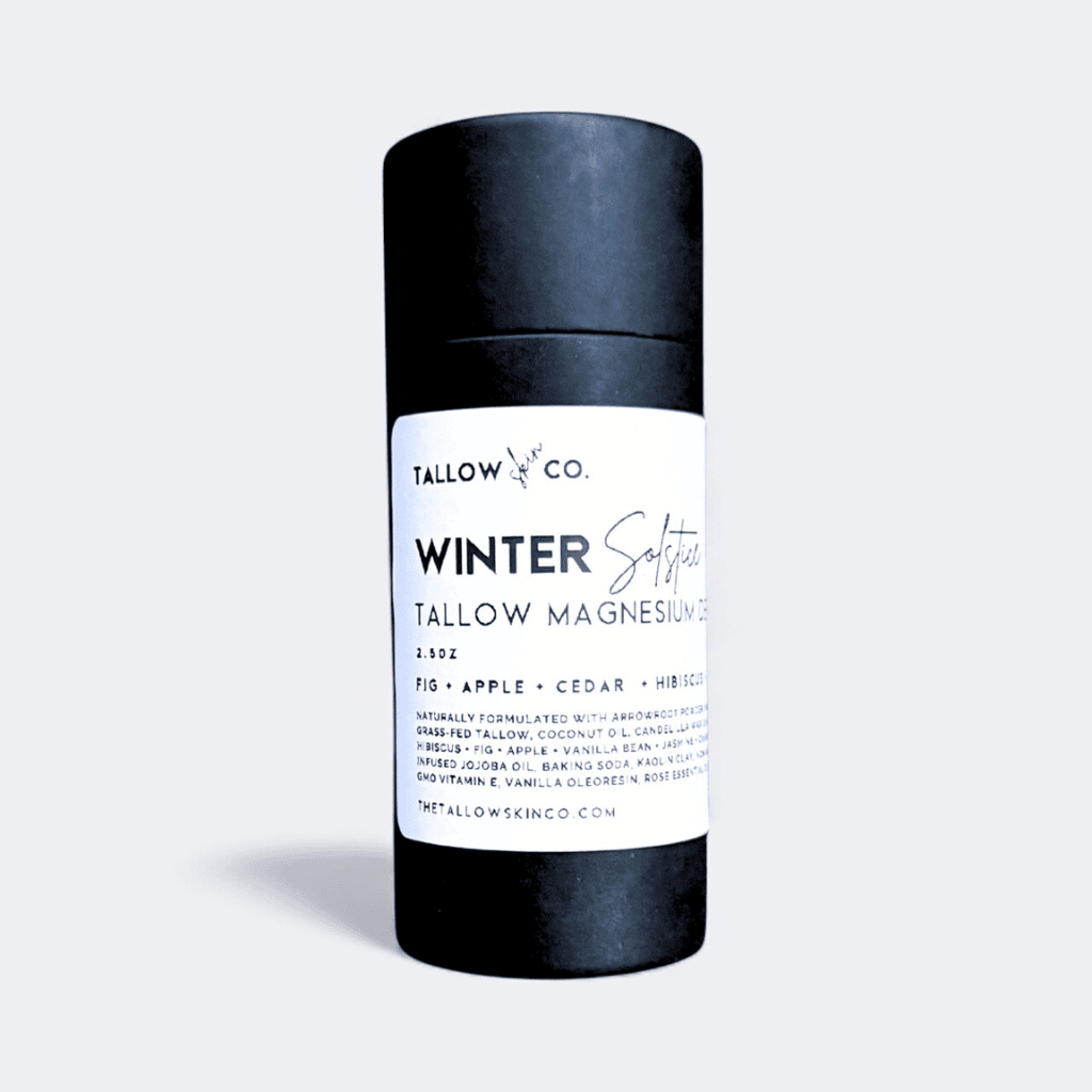 Winter Solstice natural tallow deodorant in compostable tube with bold plum-and-orchid scent.