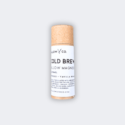 Travel-size Cold Brew Cooling Tallow Magnesium Deodorant in a kraft paperboard tube with white product label against a light gray background.