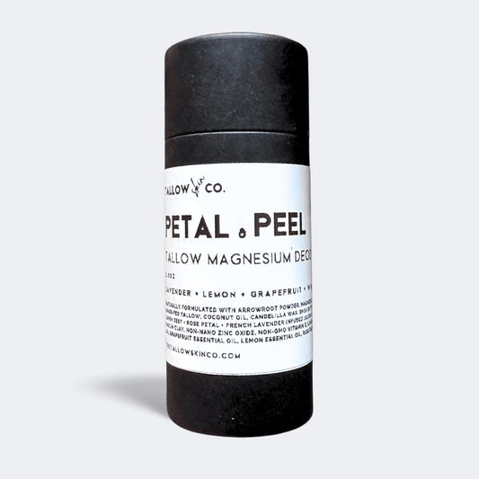 Petal & Peel Tallow Magnesium Deodorant in full-size black paperboard tube with white ingredient label against a light gray background.